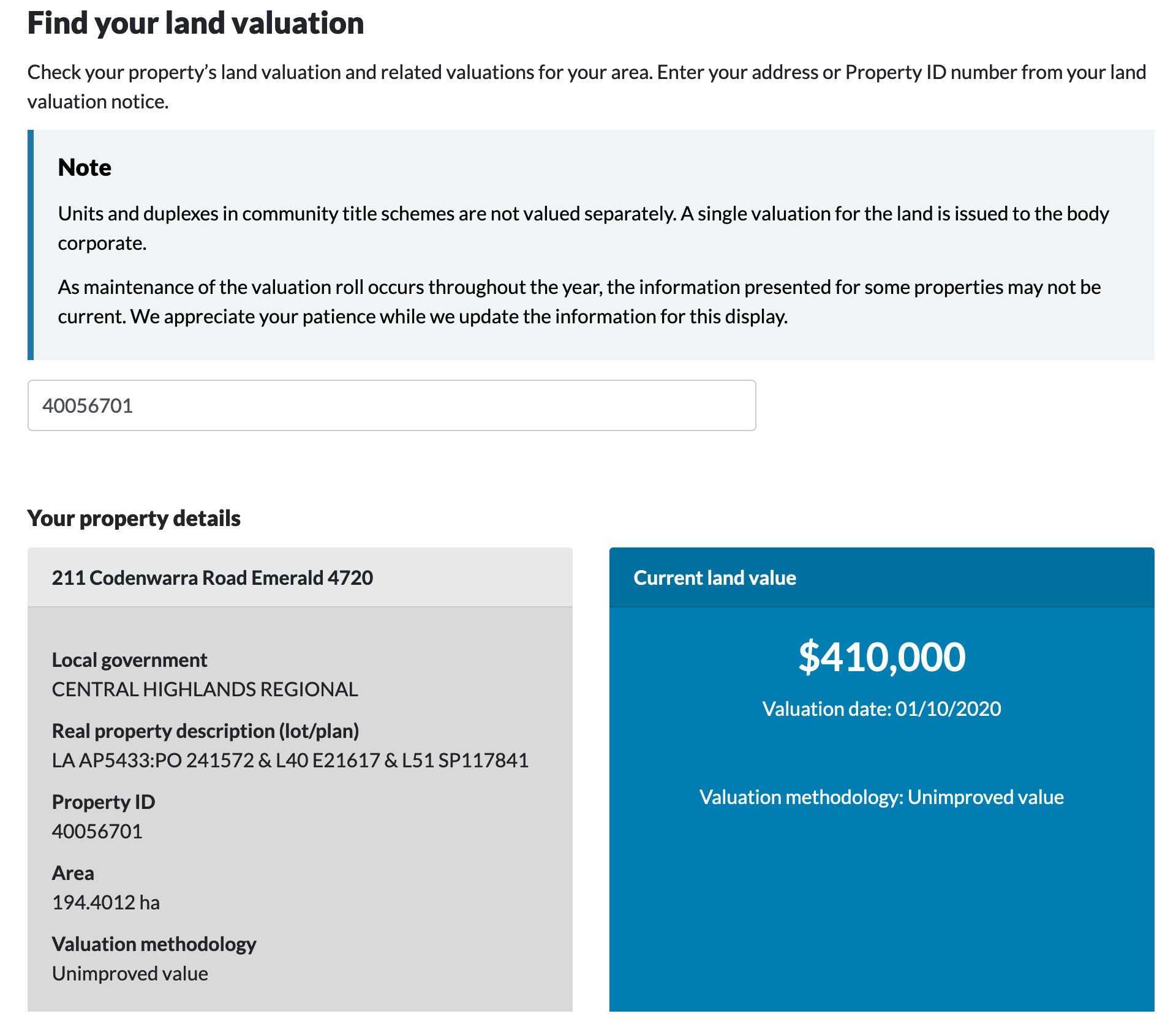 Queensland land valuation website.